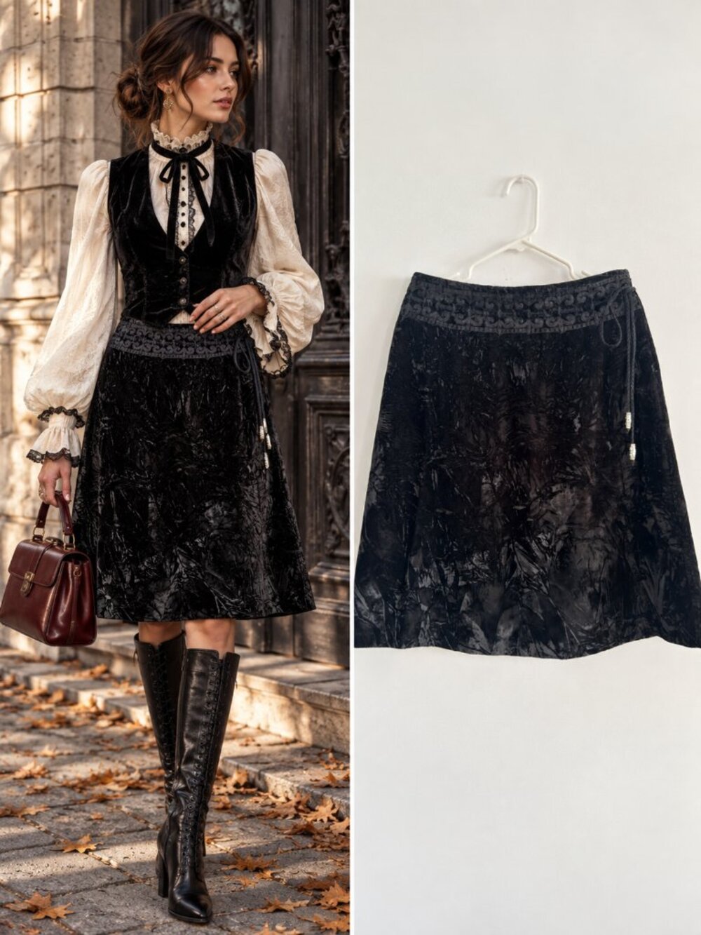 Whimsigoth Tristan Iseut Black Velvet Skirt Braided Trim Silver Toggles Sz 6